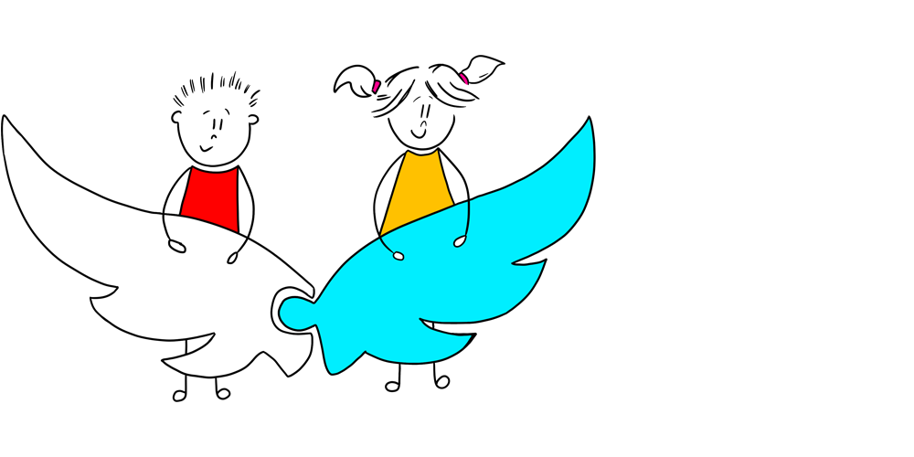 Symboliczne logo przedszkola: dzieci trzymające skrzydła